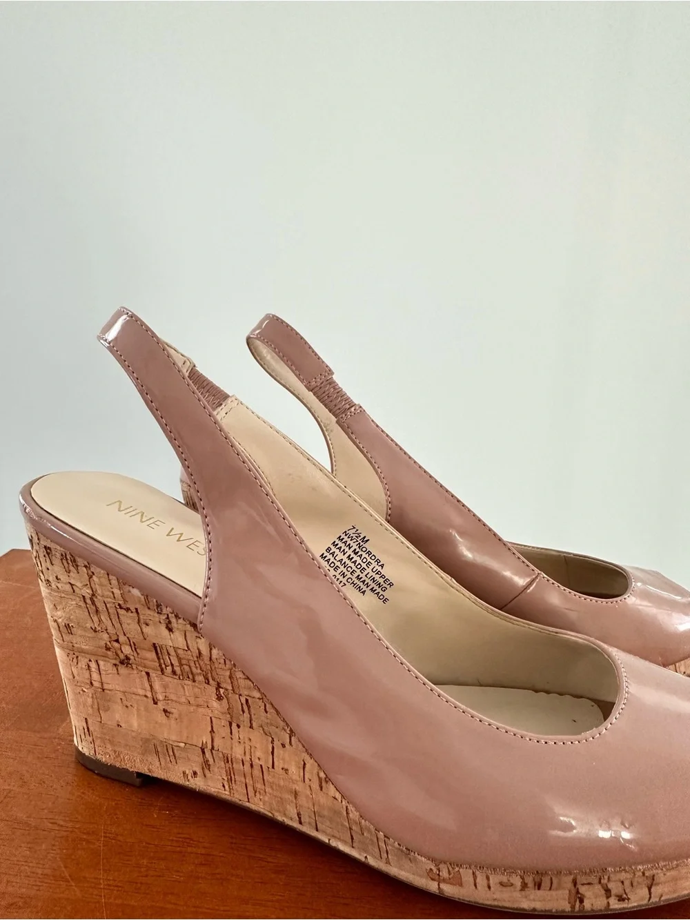 Nine West Patent Peep-Toe Cork Wedges in Dusty Rose